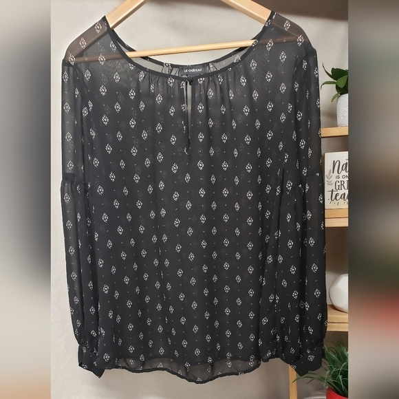 Tops - Black Sheer Blouse with Pattern